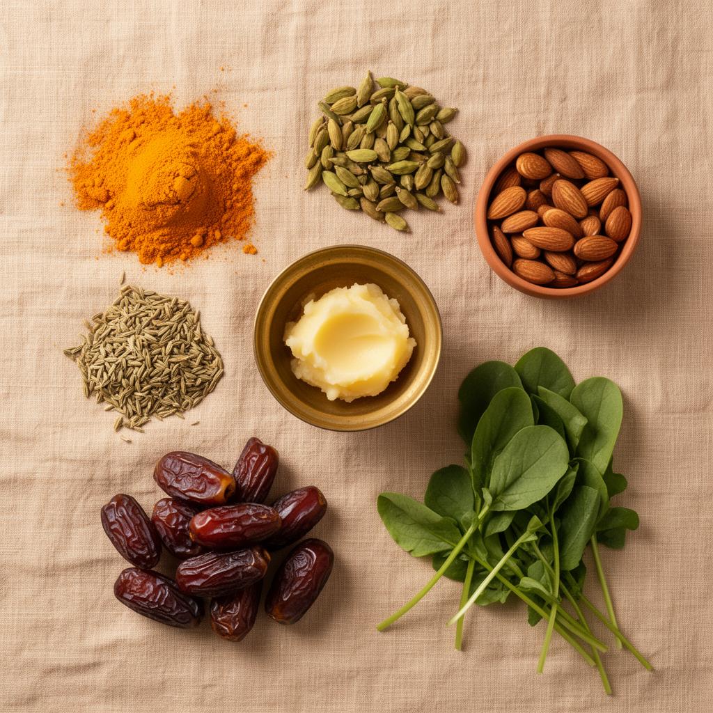 Ayurvedic spices and seasonal foods on warm linen
